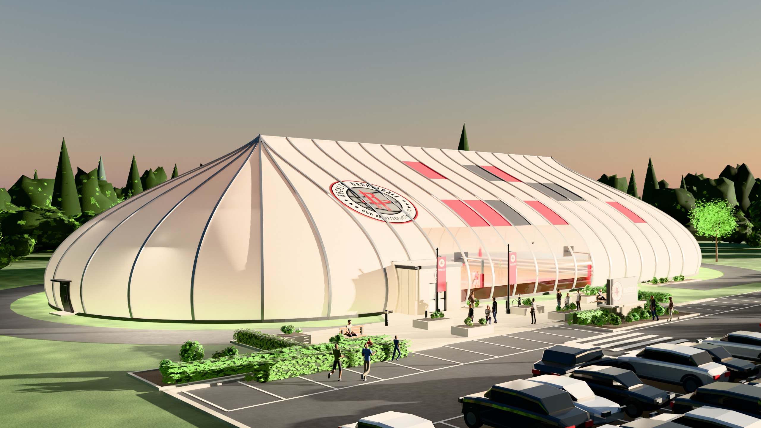 Sprung tension-fabric structure for Rockets Basketball Club, golden hour cinematic render