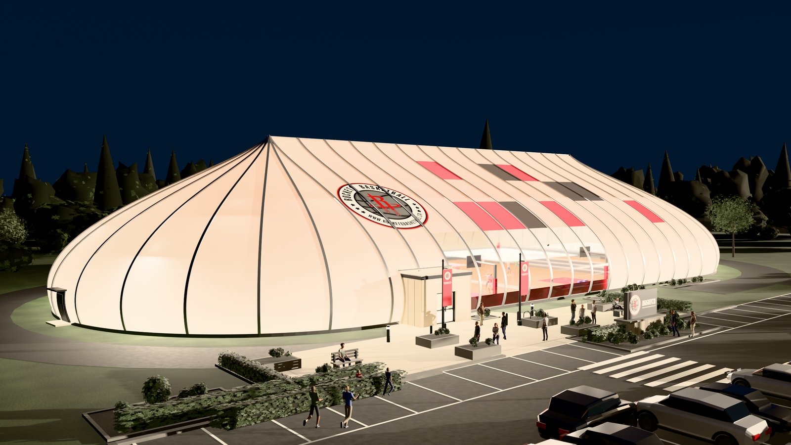Dusk render of the Sprung structure with the membrane glowing from interior light