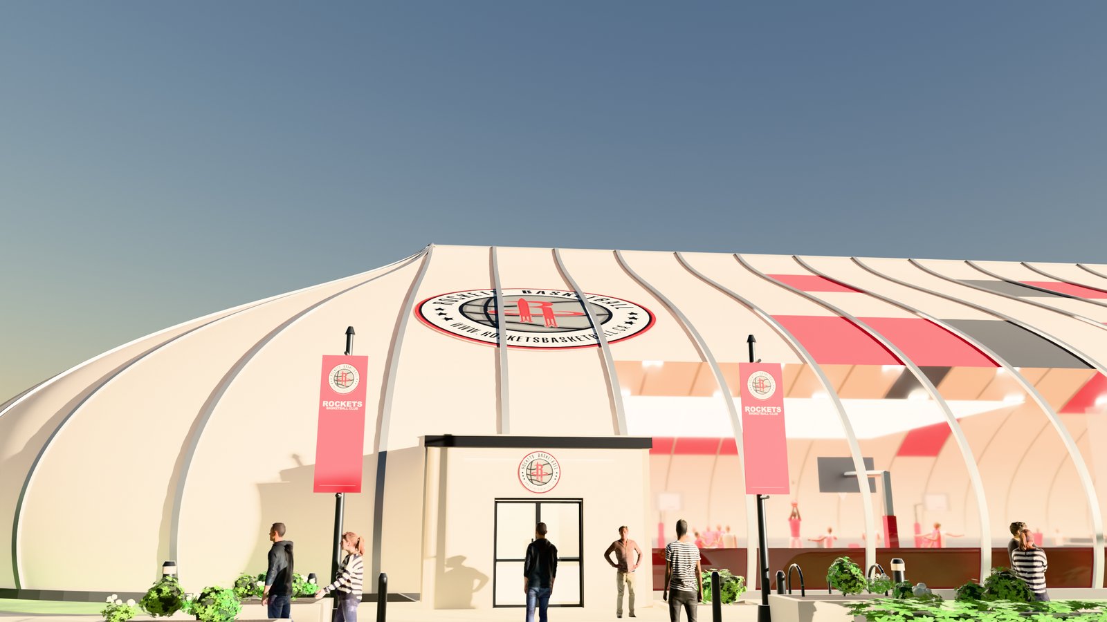 Entrance vestibule of the Sprung structure with people arriving and the Rockets Basketball logo above the doors